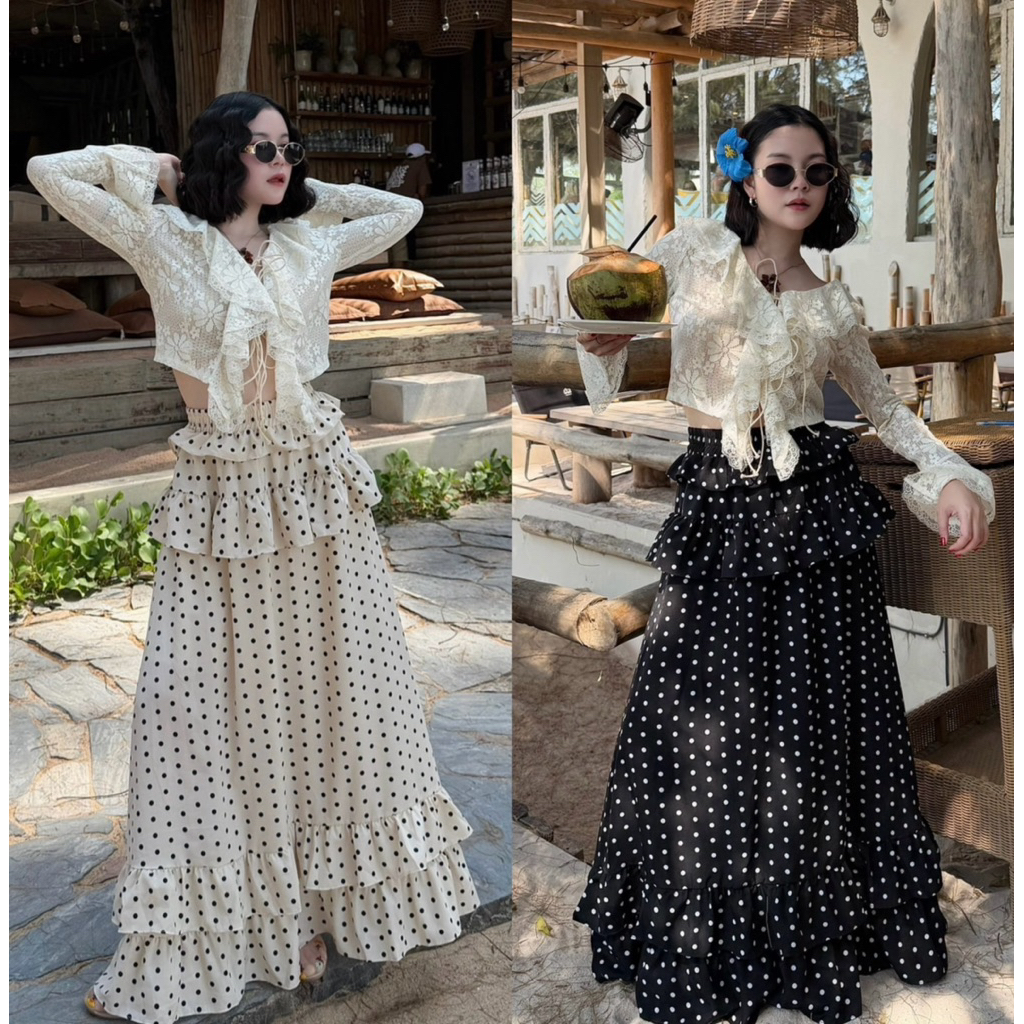 กระโปรงขนมชั้น ลายpolkadot มีซับใน ( เอว 24-38 ) ผ้าไหมญี่ปุ่นพิมพ์ลาย ใส่สบายไม่ร้อน