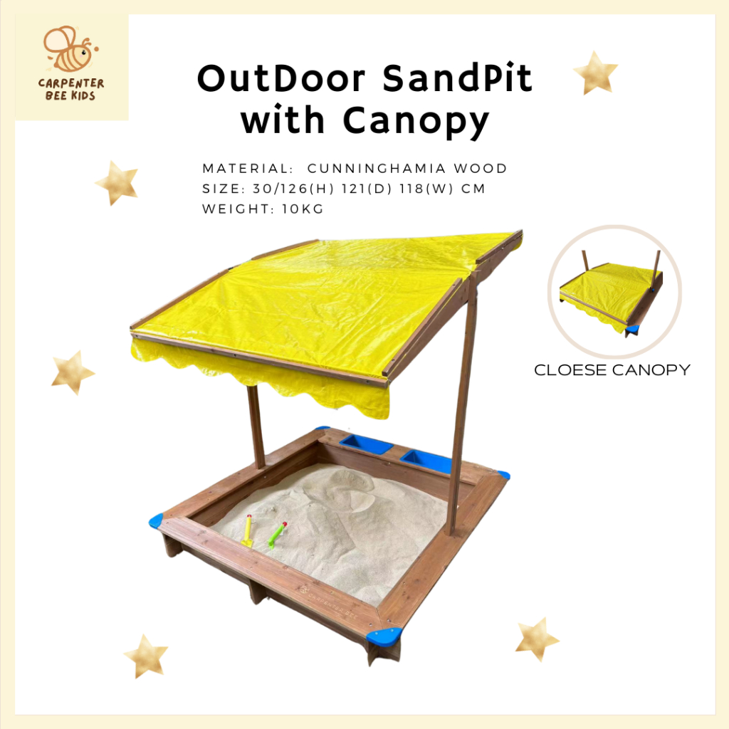 กระบะทรายขนาดใหญ่ มีหลังคากันแดด ไม้เคลือบด้วยสารกันยุง/แมลง Montessori Square Sandpit with Canopy Anti-corrosion/Insect