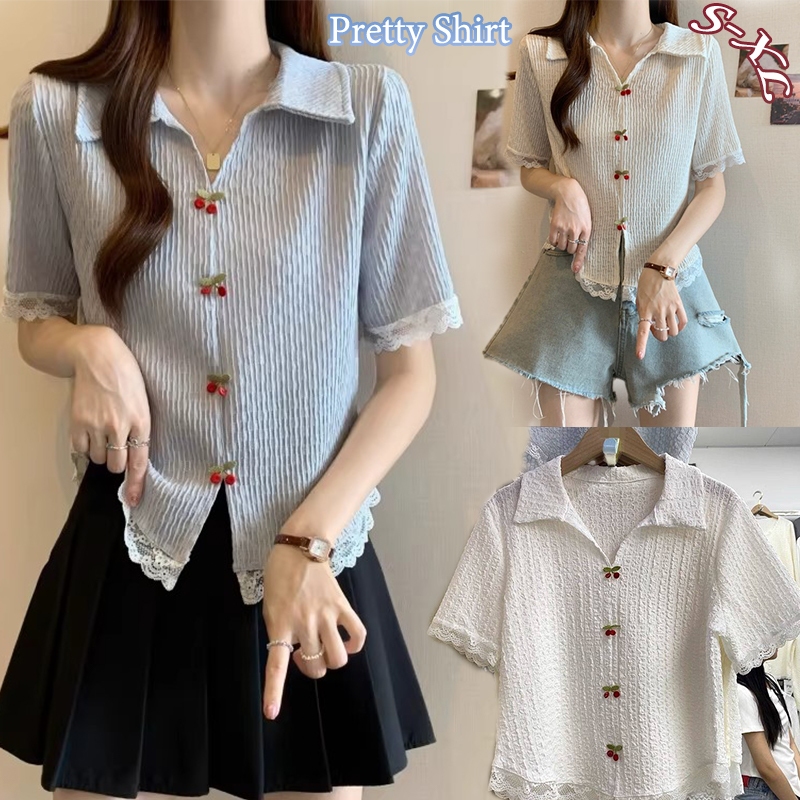 W708 เสื้อยืดแขนสั้นลายซากุระแต่งขอบลูกไม้สุดน่ารักสำหรับสาวไซส์ใหญ่ สไตล์ใหม่สำหรับฤดูร้อน ช่วยให้ดูผอมเพรียวขึ้น