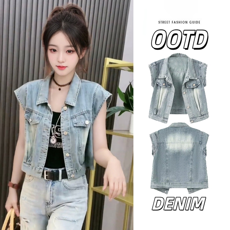 CLOTHING เสื้อกั๊กยีนส์ เสื้อแขนกุด คอปกกระดุมหน้า กระเป๋าหลอก สไตล์เกาหลี รุ่น W8910