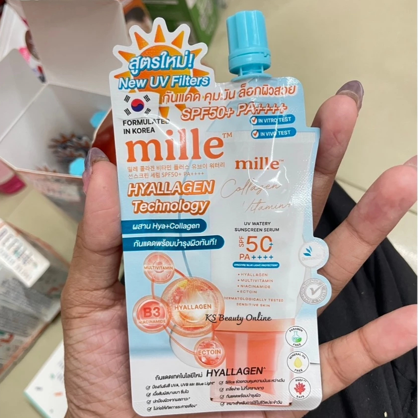 [ 1ซอง ] Mille Collagen Vitamin+ UV Watery serum SPF50+ PA++++ มิลเล่ คอลลาเจน เซรั่ม 6g.
