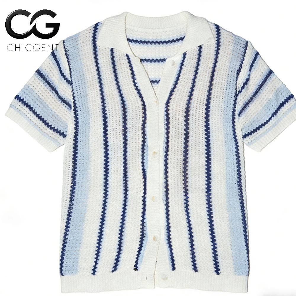 CHICGENT COD เสื้อเชิ้ตลําลองผ้าถัก คอปก ทรงหลวม ลายทาง สีสันสดใส สไตล์เรโทร