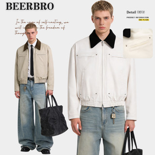 beerbroth-เสื้อแจ็คเก็ตผู้ชาย คอปกผ้าคอร์ดูรอยสีขาว แขนยาว งานซิปหน้า มีกระเป่าขาง สไตล์วินเทจอเมริกัน M-2XL