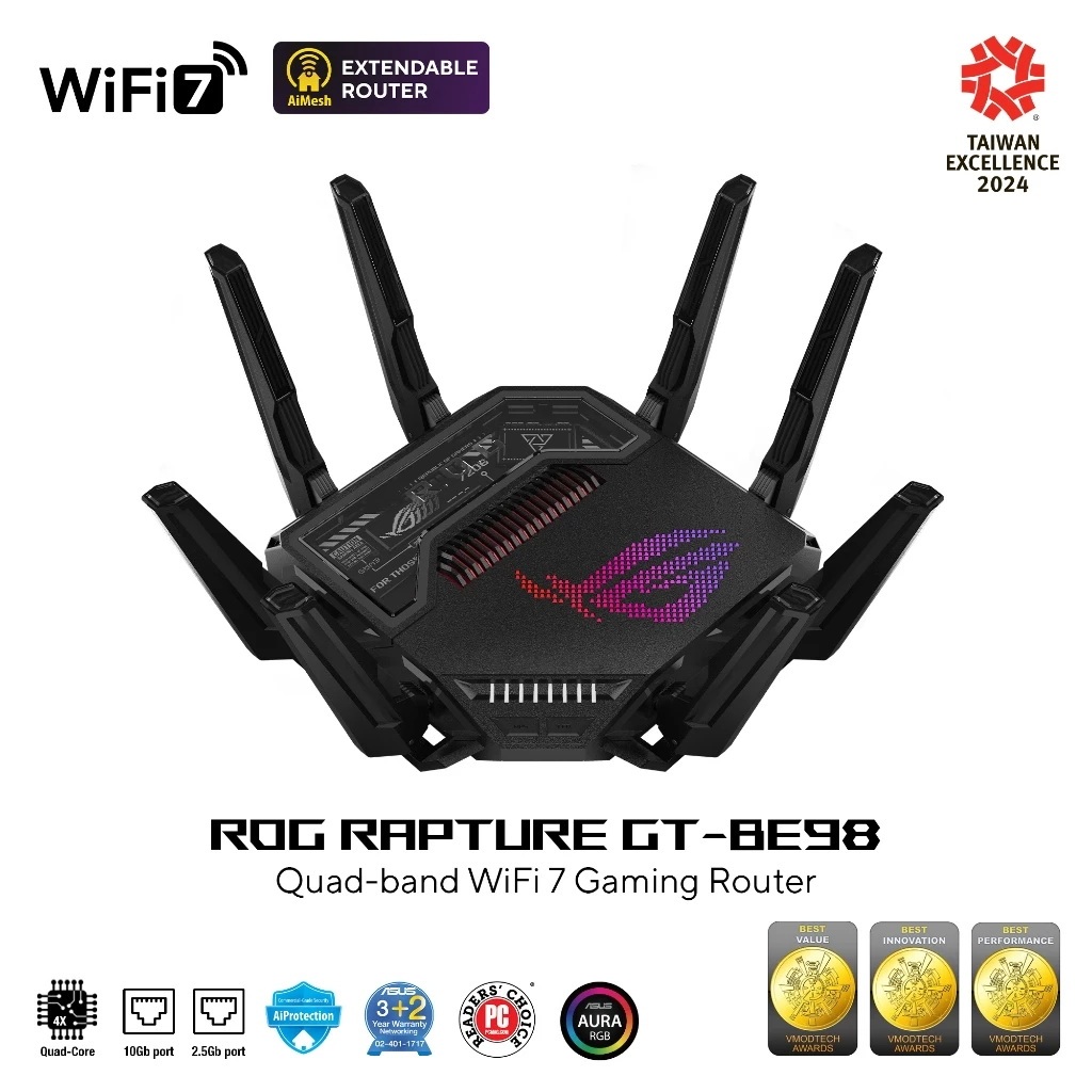 ROUTER (เร้าเตอร์) ASUS ROG RAPTURE (GT-BE98) - QUAD-BAND WIFI 7 GAMING ROUTER