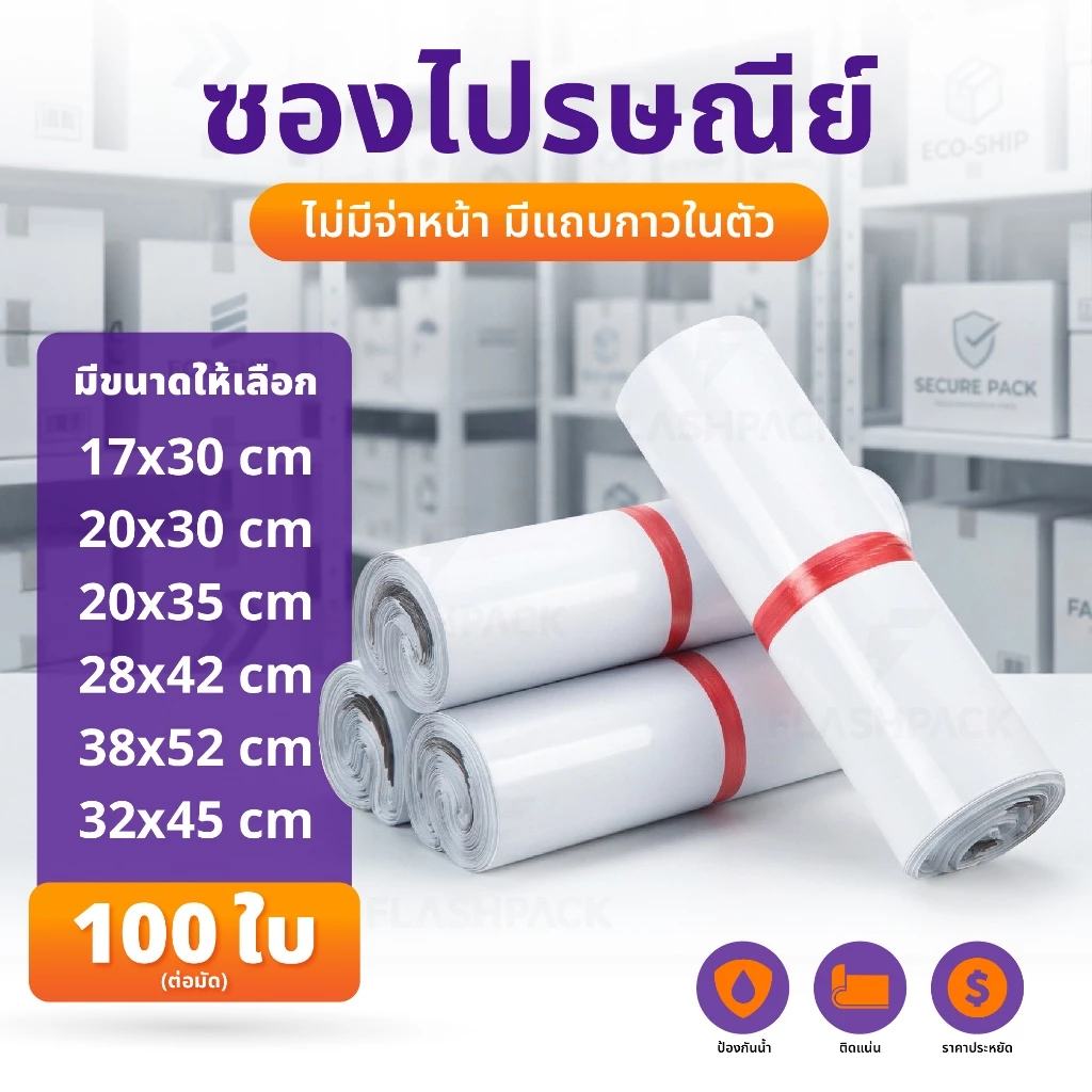 ถุงไปรษณีย์ 100ใบ 17x30 25x35 28x42 32x45 ถุงพัสดุ ซองพลาสติก มีแถบกาว กันน้ำ ราคาประหยัด