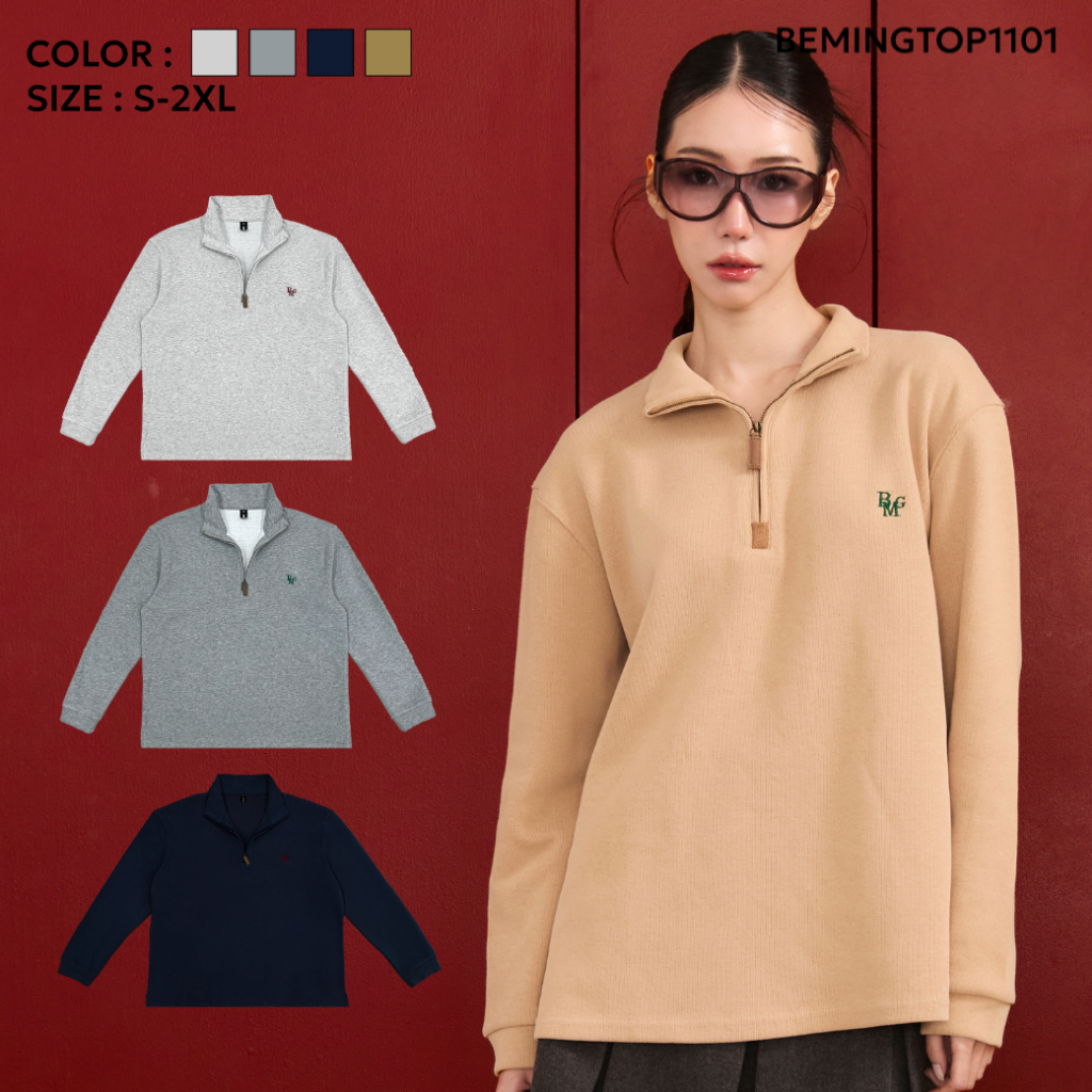 Bemingtop1101(S-2XL)-BMG Zip Sweatshirt - สเวตเตอร์แขนยาวซิปหน้าคอปกพับได้ ดีเทลโลโก้ BMG ปักที่อก