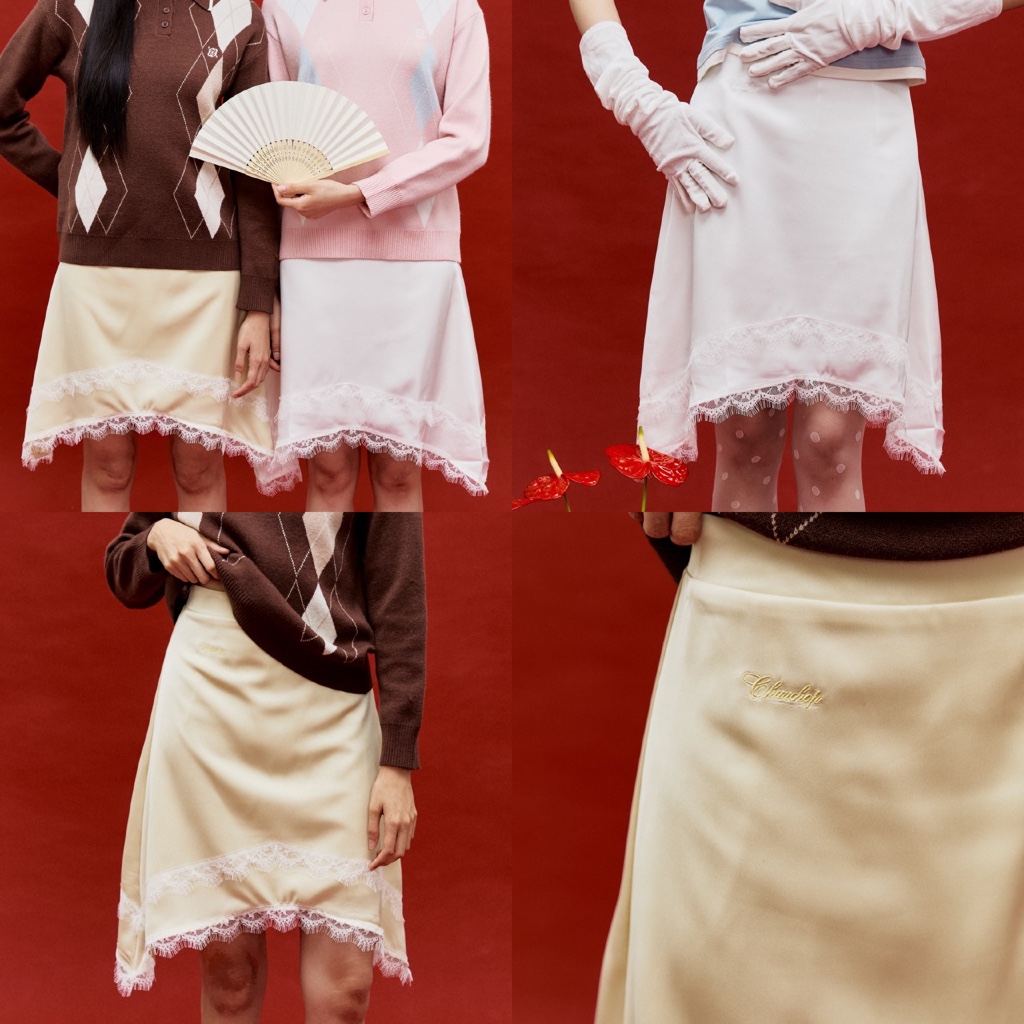 CHUUCHOP - (S-2XL) Nori Skirt กระโปรงซาตินลูกไม้ C8491