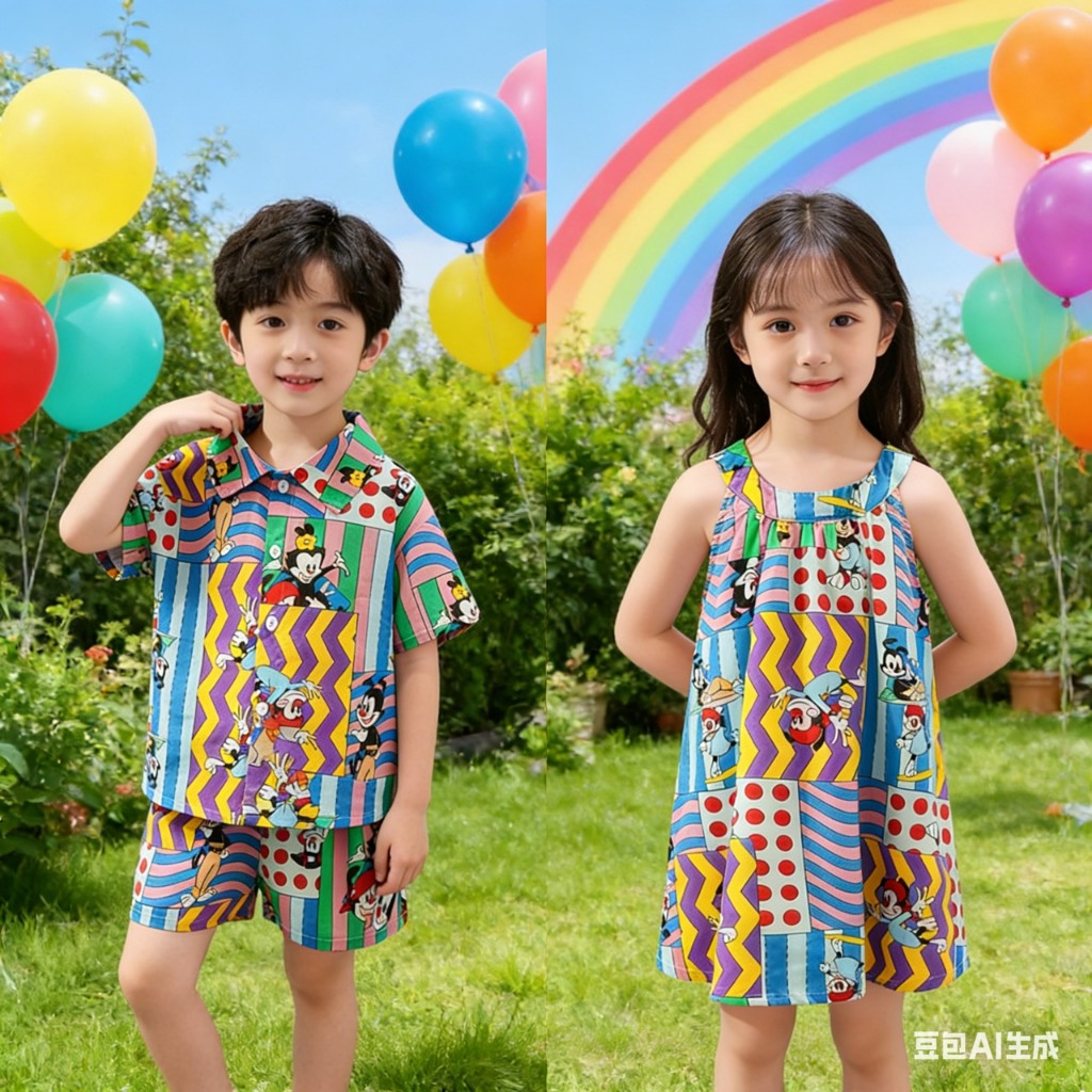 BB202 ชุดเด็กคู่ (เด็กหญิง–เด็กชาย) ลายการ์ตูน Patchwork สีสดใส สไตล์เกาหลี น่ารักแนวแฟชั่น