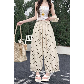กางเกงบอลลูน ลายจุด Polkadot ขาระบาย (เอว 24-38) ผ้าเครปญี่ปุ่น ผ้านุ่มใส่สบาย