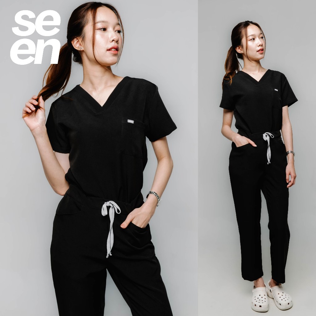 ชุดสครับการแพทย์ สี Black เชือกสีเทา รุ่น Standard (รวมเสื้อและกางเกง)