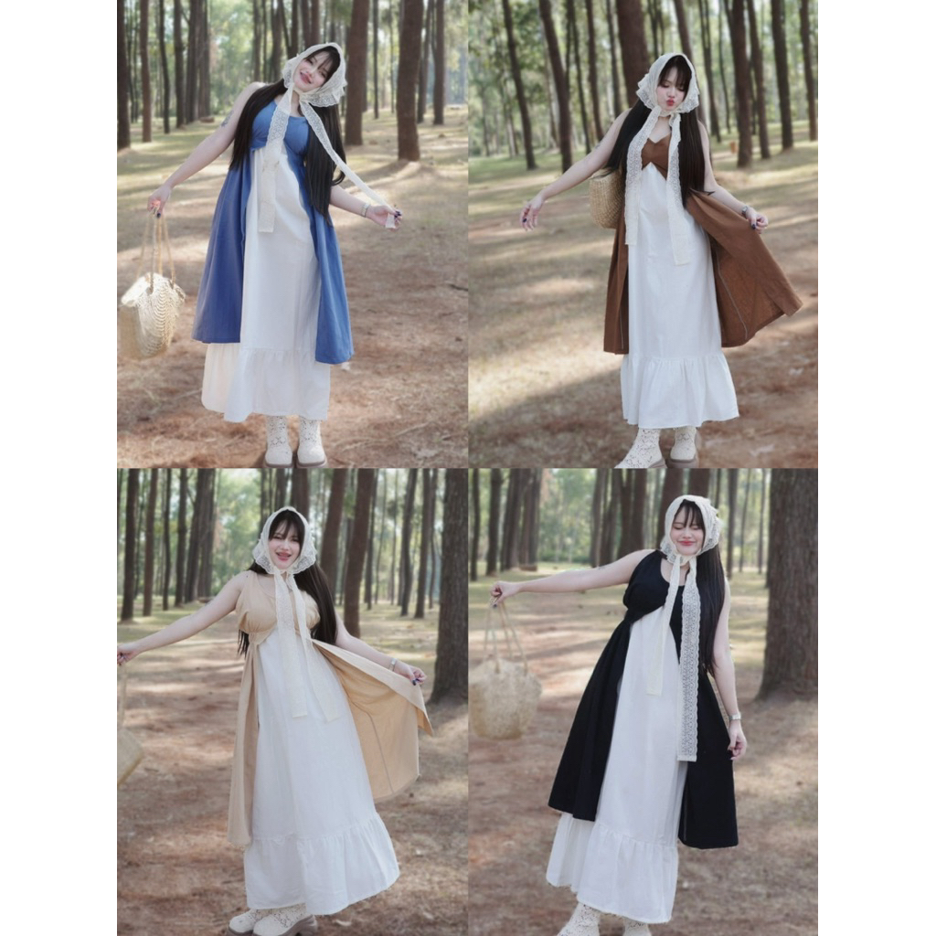 ชุดเดรสยาวเย็บติดสองชิ้นเนื้อผ้าฝ้าย สวนสน