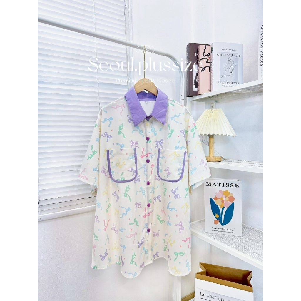 เสื้อเชิ๊ตไซส์ใหญ่ทูโทนคอปกสลับสีลายน่ารัก อก 40-60