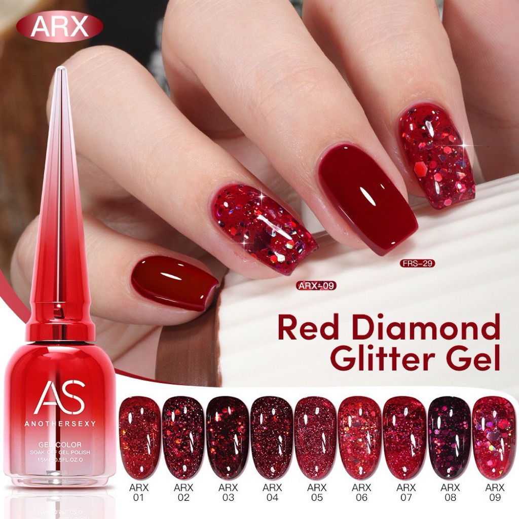 สีAS รหัสARX สีเจลกลิตเตอร์ โทนสีแดง Red Diamond สีเจลทาเล็บ ยาทาเล็บเจล ASฝาแหลม ขนาด 15ml.🇹🇭🇹🇭