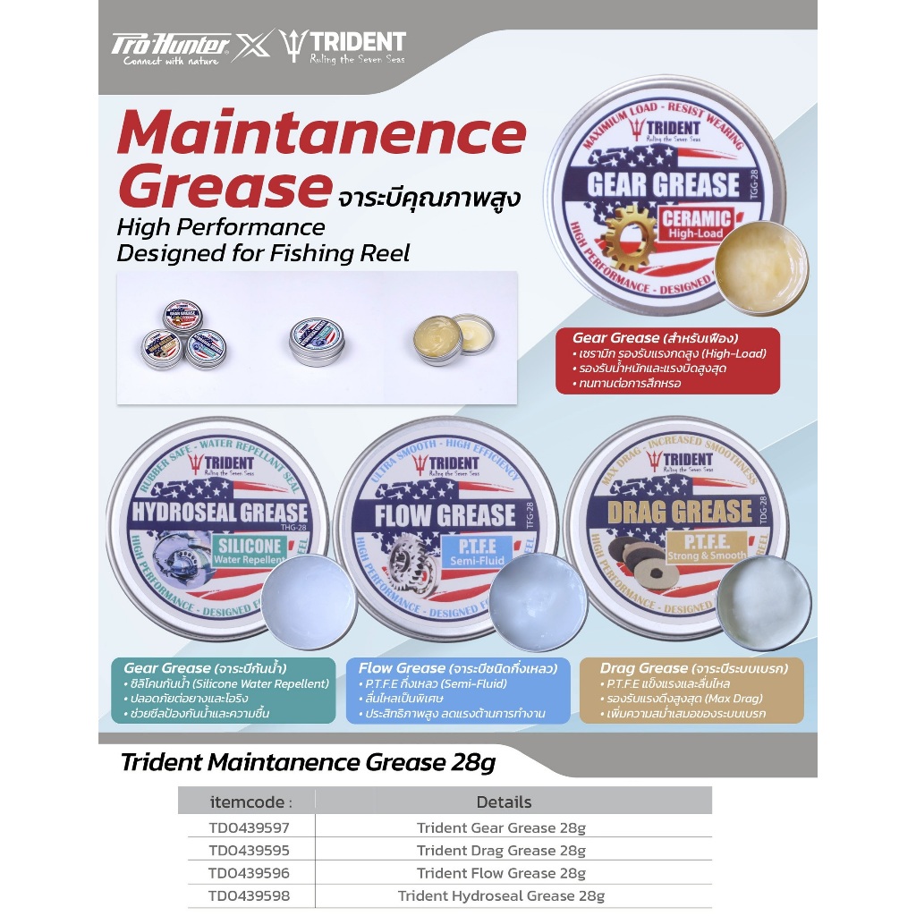Trident Maintenance Grease จาระบีตกปลาพรีเมียม 28g Gear/Drag/Flow/Hydroseal บำรุงรักษาและถนอมรอกตกปล