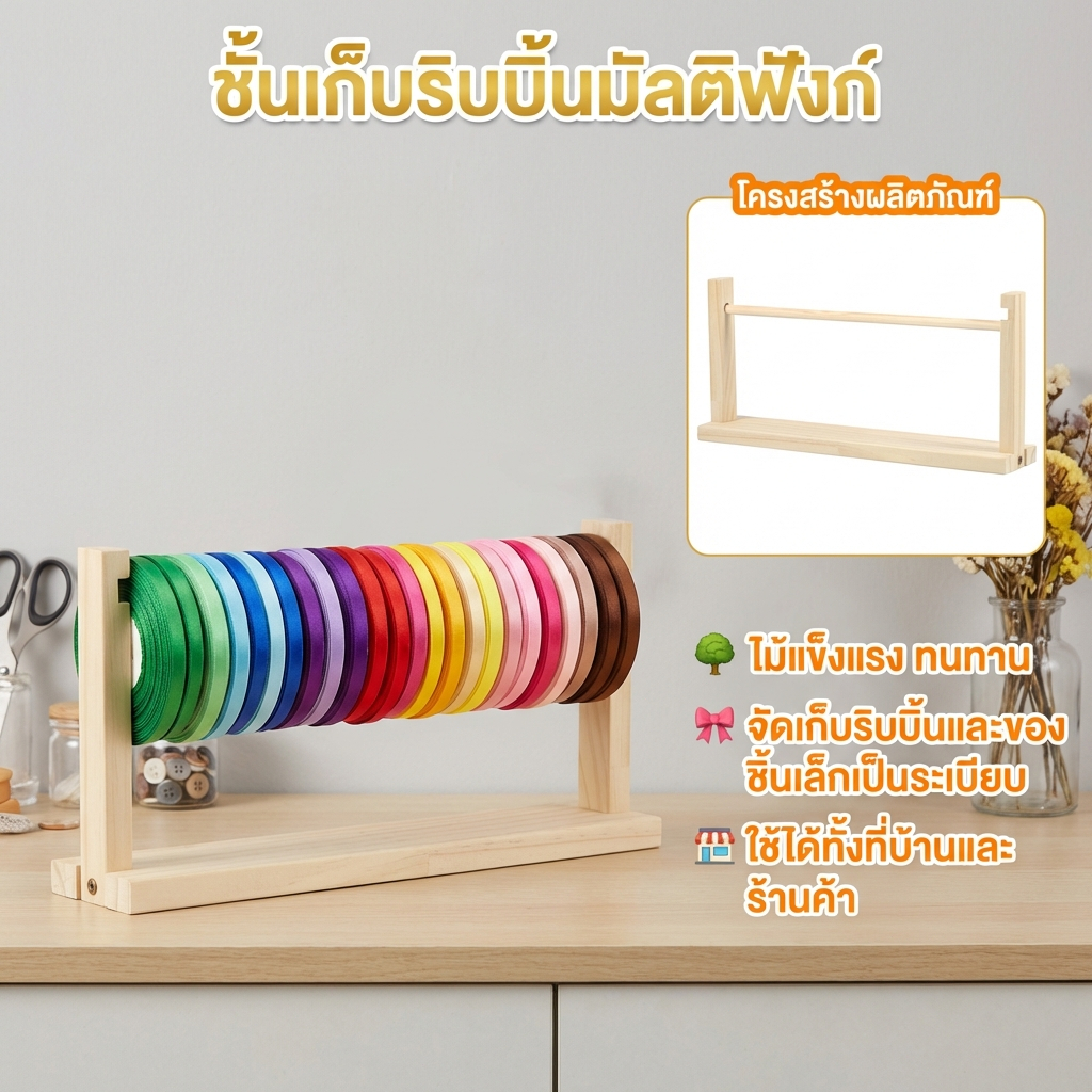 ชั้นเก็บริบบิ้นมัลติฟังก์ ชั้นวางริบบิ้น ชั้นเดียว ไม้ริบบิ้น ชั้นวางจอแสดงผล สําหรับเย็บหัตถกรรม