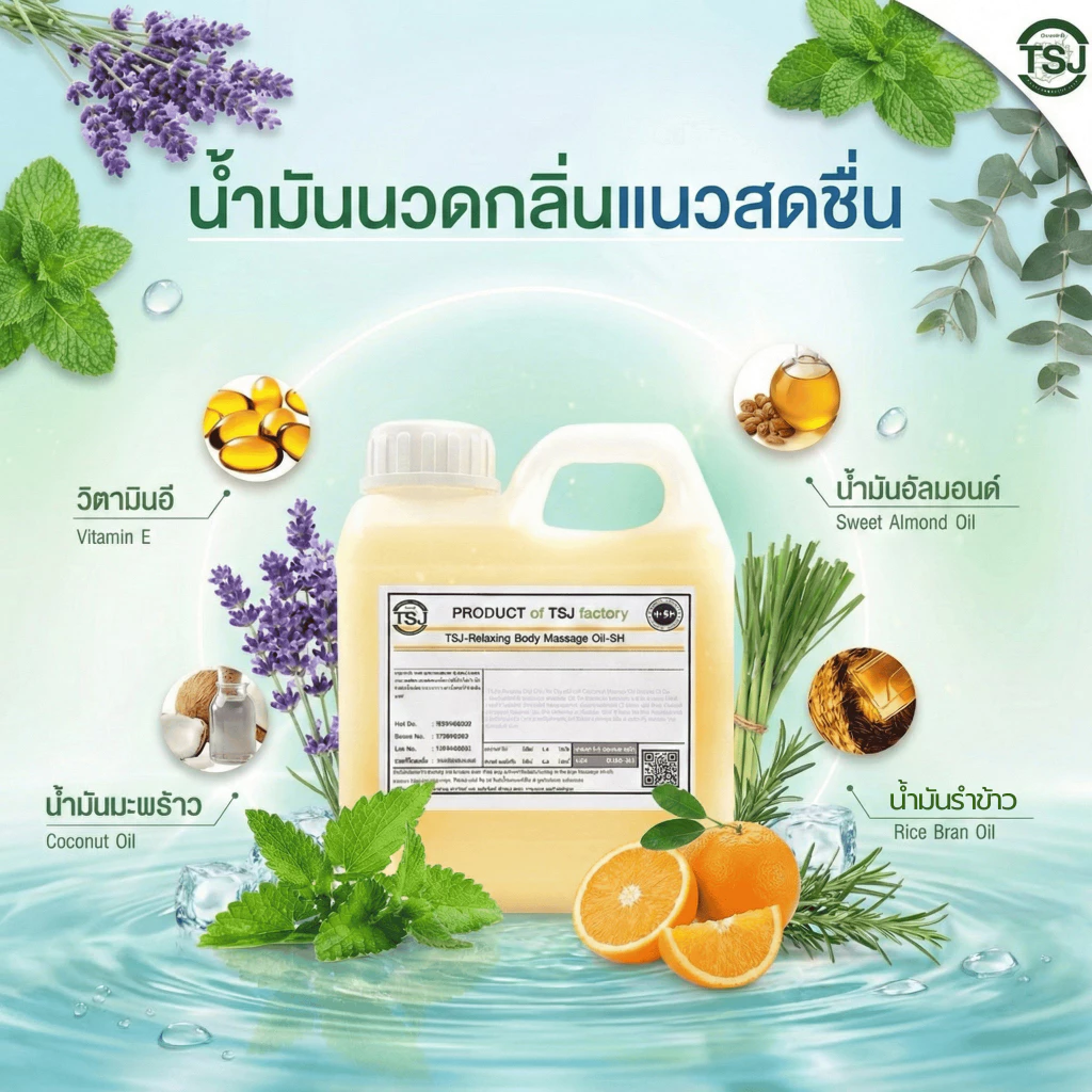 TSJ น้ำมันนวดตัว นวดอโรม่า กลิ่นแนวสดชื่น ผ่อนคลายขนาด1ลิตร(1000ml.)มีให้เลือกหลากหลายกลิ่น