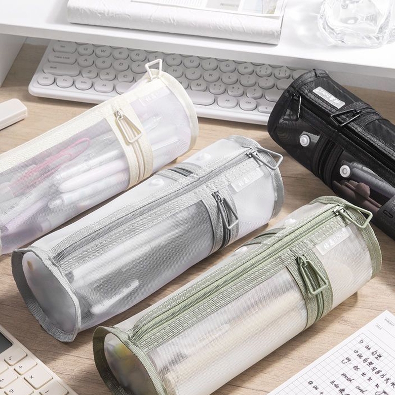 โปร่งใสตาข่ายดินสอขนาดใหญ่ความจุ Flip-Top สีทึบผู้ถือปากกาแบบพกพาเครื่องเขียนเก็บกระเป๋า