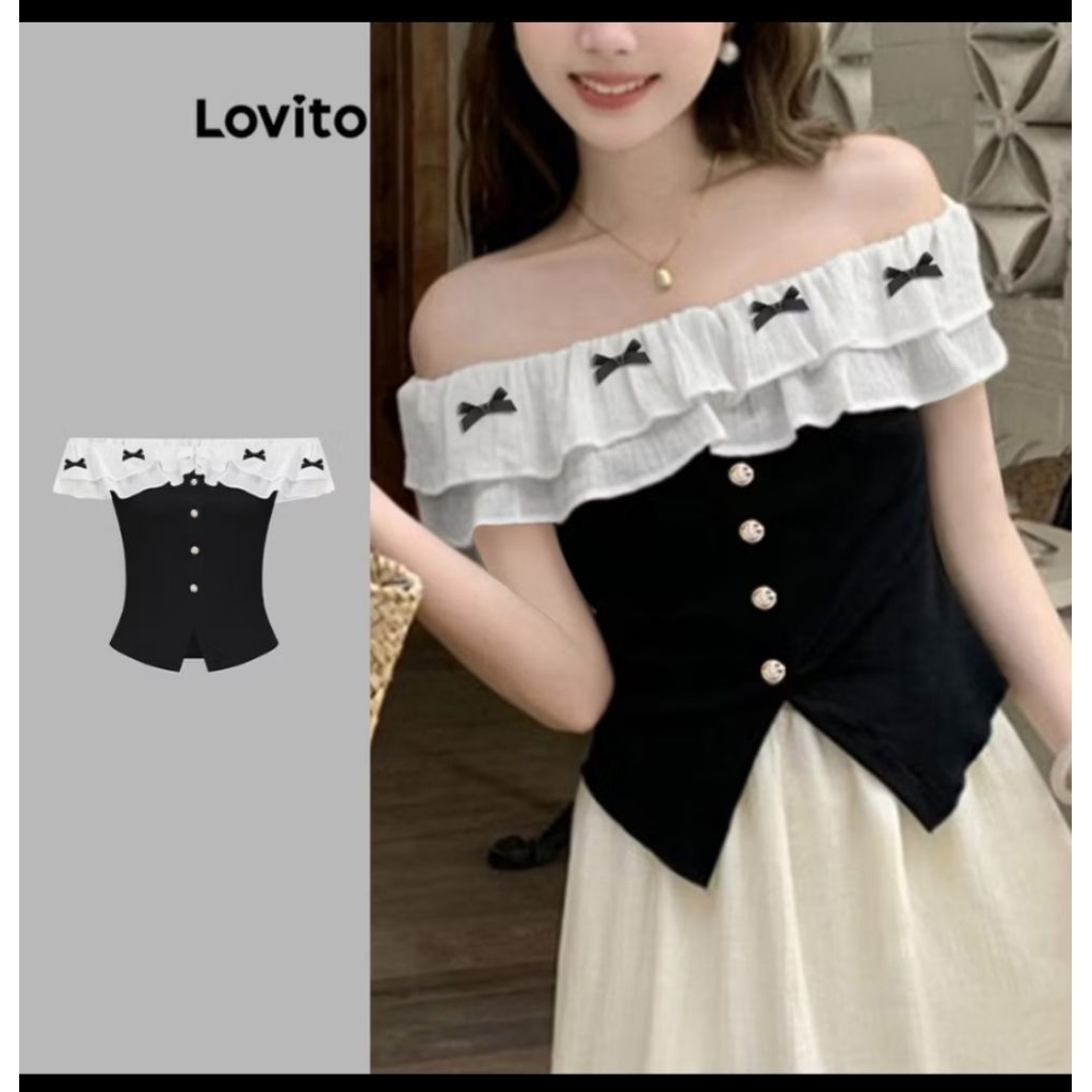 เสื้อเกาะอก แต่งระบาย งานร้านLovita ไซส์S