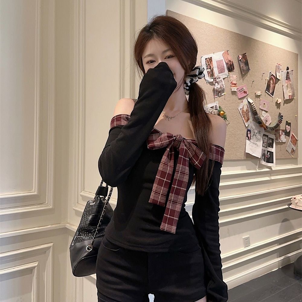 [Sheing office]🌟พร้อมส่ง🌟เสื้อยืดแขนยาวเปิดไหล่สำหรับผู้หญิง ประดับโบว์