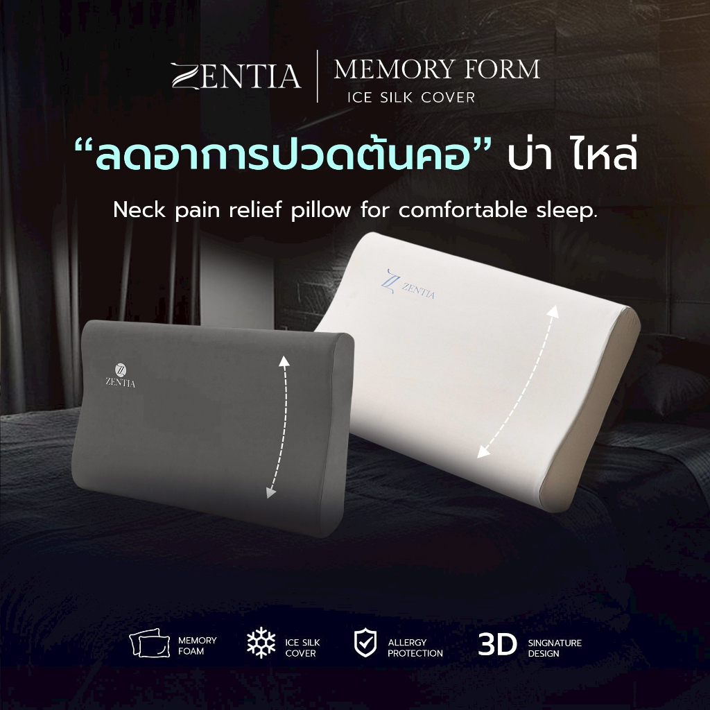 ZENTIA หมอน Memory Foam  ซิปถอดซักได้ นุ่มฟู คืนรูปง่าย ลดปวดคอ ไม่เป็นแหล่งเชื้อแบคทีเรีย [MM]