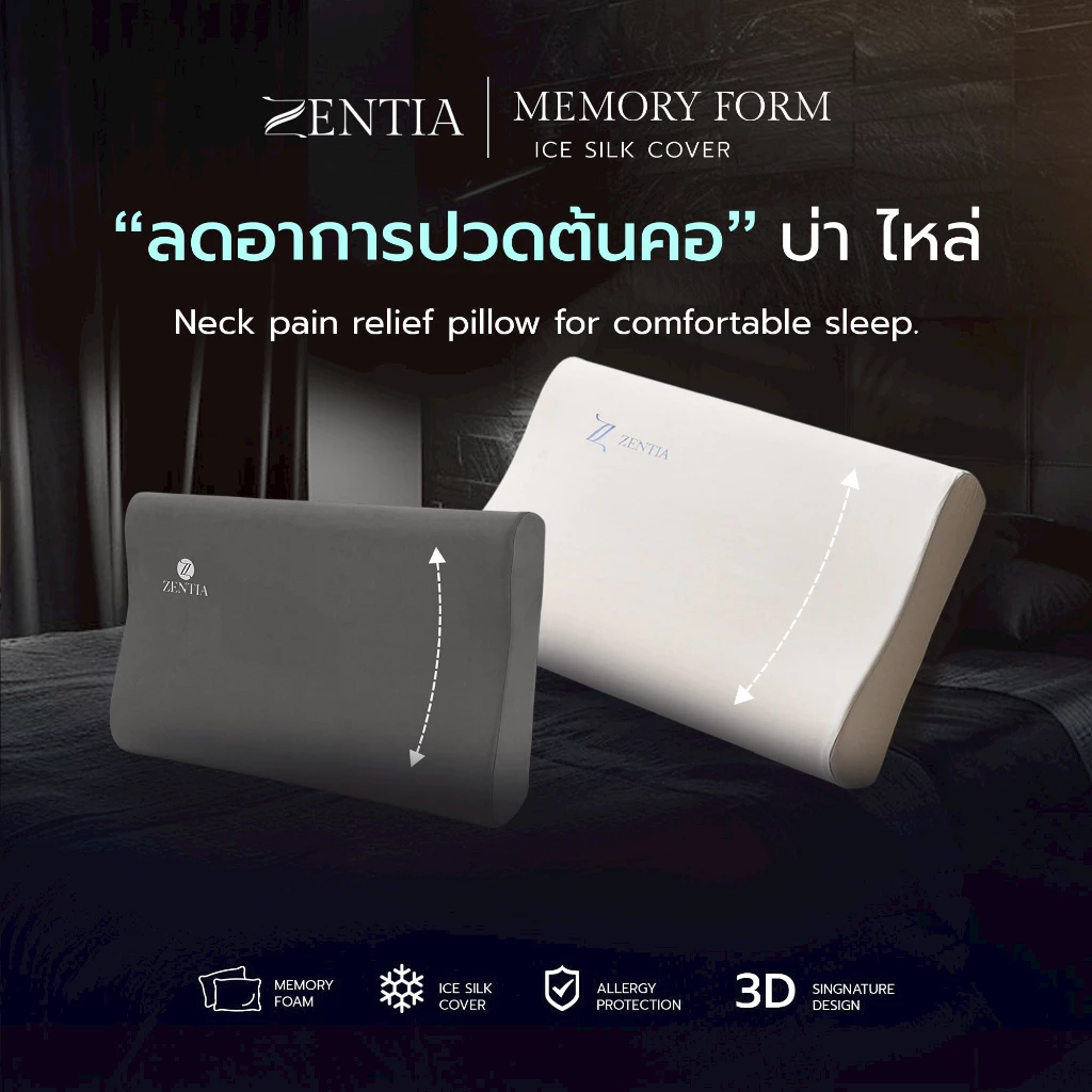 ZENTIA หมอน Memory Foam ซิปถอดซักได้ นุ่มฟู คืนรูปง่าย ลดปวดคอ ไม่เป็นแหล่งเชื้อแบคทีเรีย [MM]