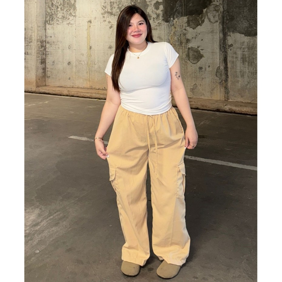 🌈VibeHouse🌈กางเกงคาร์โก้ ทรงขากระบอก เอวยางยืด Cargo Pant M-XL ผ้าไมโคร มีกระเป๋าข้าง สาวอวบใส่ได้จ้า รุ่น Cargo
