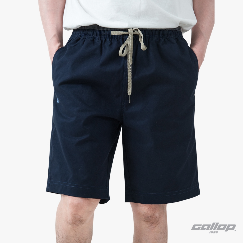 GALLOP : CASUAL SHORTS กางเกงขาสั้นต่อขอบผู้ชาย เอวยางยืด มีเชือกรูด สี Dark Navy - กรมท่า (GAS26SR02001)