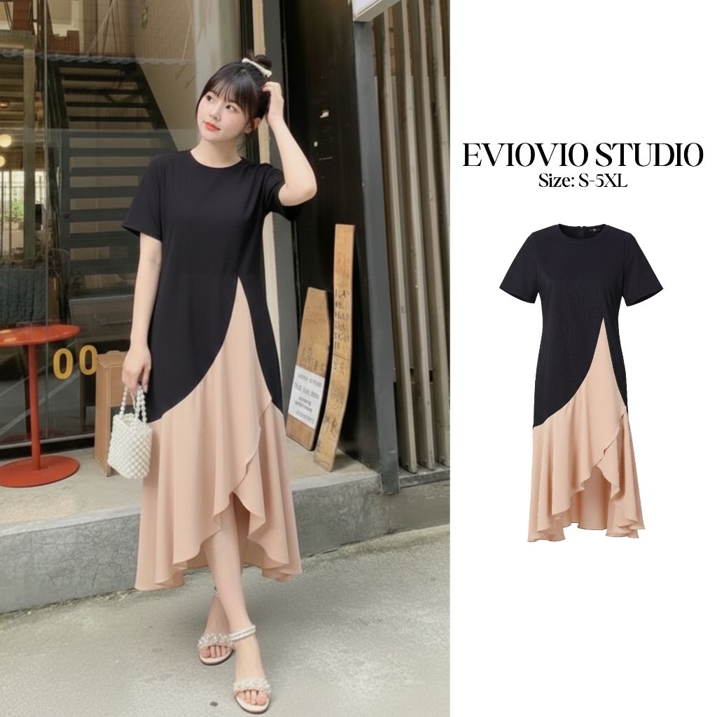 【EVIOVIO】S-5XL🥰 เดรสทูโทนดีไซน์เก๋ ดีไซน์หน้าสั้นหลังยาว สีสุภาพแมตช์ง่าย ชุดเดรสทำงาน ชุดเดรสสาวอวบ พร้อมส่งจากไทย🚚🎈