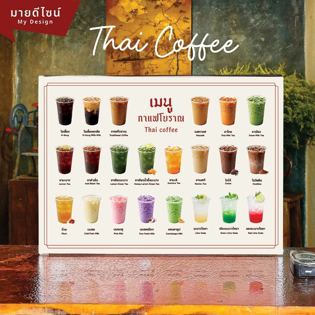 ป้ายเมนูเครื่องดื่มกาแฟโบราณ เมนู ชา/กาแฟ/นม ขนาด A4/A3 เคลือบใสกันน้ำ!/พลาสวูด
