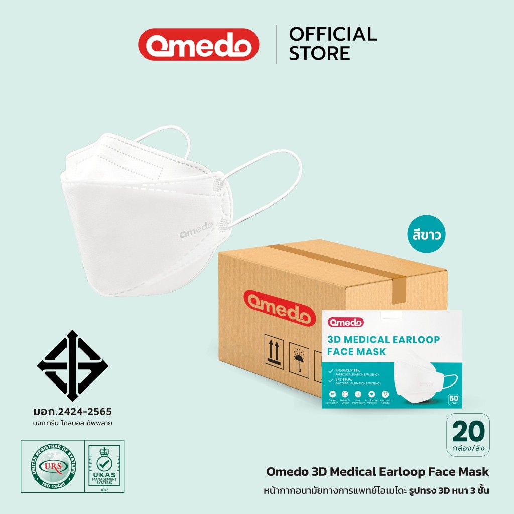 [ยกลัง สุดคุ้ม!] Omedo 3D Medical Face Mask มอก.ระดับที่ 2 รูปทรง 3D หนา 3 ชั้น บรรจุ 50 ชิ้น | X 20 กล่อง