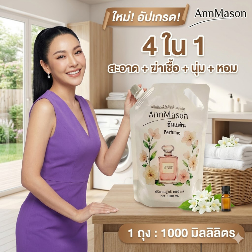 [ถุงล่ะ10บาท]AnnMasonน้ำยาซักผ้า 4in1 ปรับผ้านุ่ม สูตรเข้มข้น ขจัดคราบสกปรก คราบฝั่งลึกอ่อนโยนต่อผิว