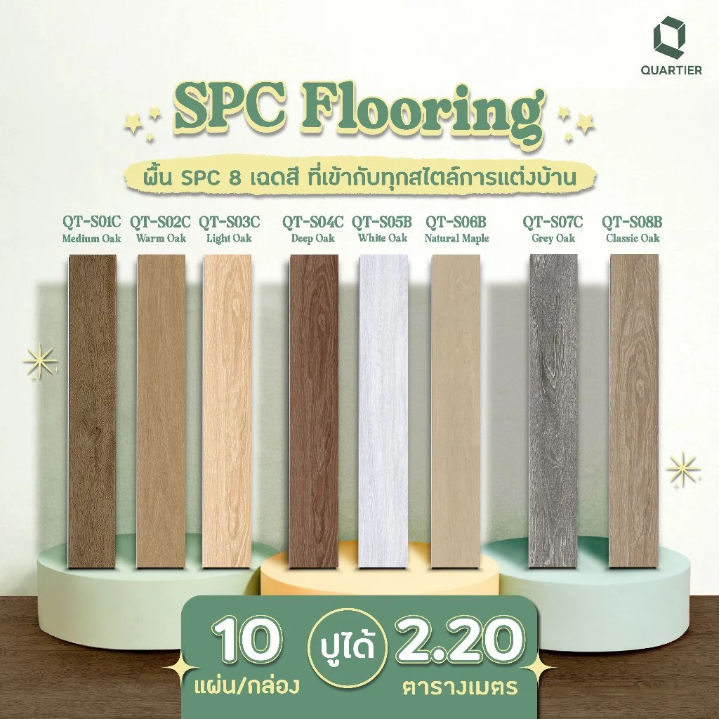 สินค้าพร้อมจัดส่ง ! พื้น SPC Quartier Flooring ติดตั้งแบบคลิ๊กล็อค ความหนา 4.3 มม. (10 แผ่น/กล่อง) ปูได้ 2.20 ตร.ม.