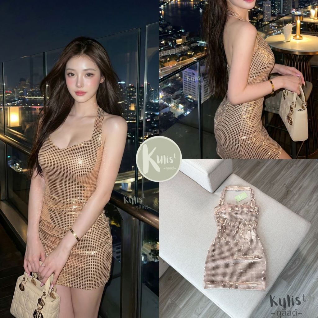 KL077 Kulist Brand ชุดเดรสคล้องคอแต่งเพชร [2PM]