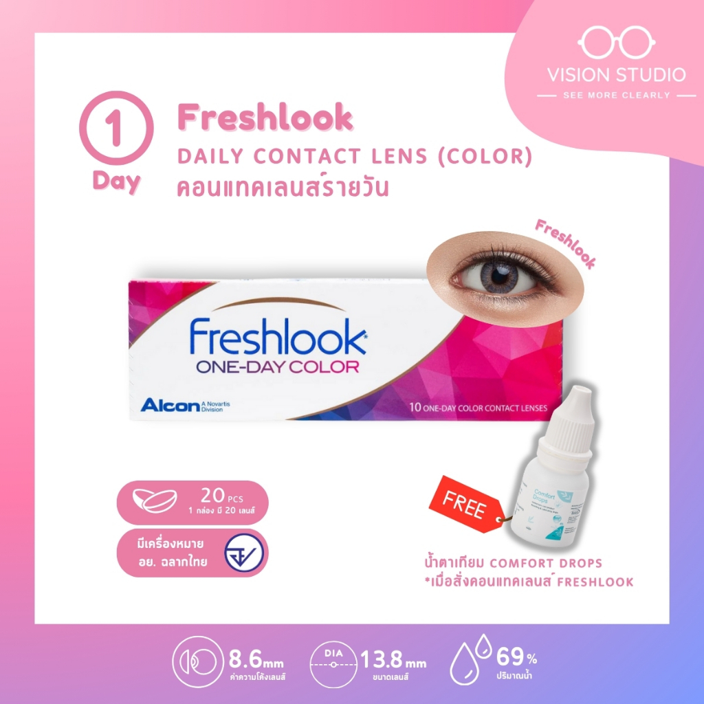 Freshlook 1-Day Color Contact Lens จาก Alcon (1 กล่อง 5 คู่) *แถมฟรีน้ำยาหยอดตา*