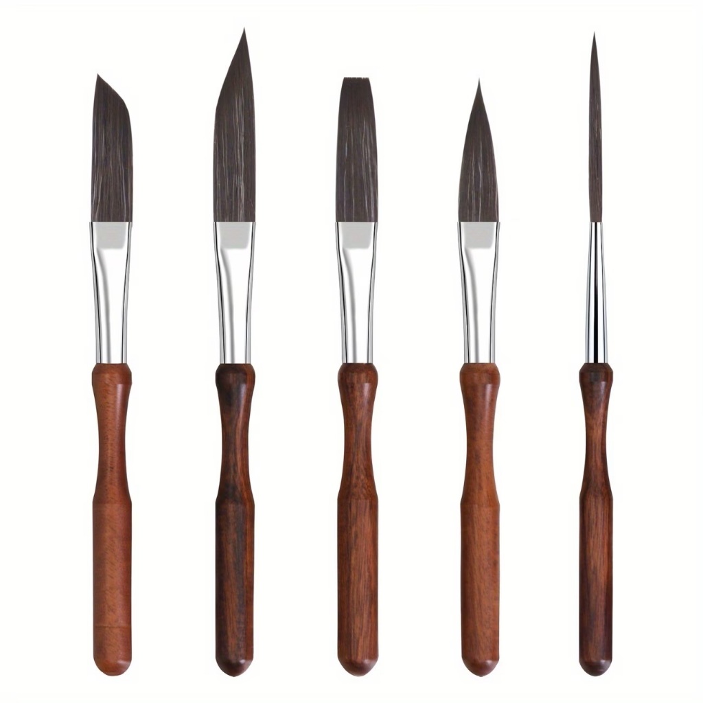 พู่กันพกพาขนสัตว์ยาวเซ็ท 5 ชิ้น KY5 ด้ามสั้นไม้แซนเดิลวู้ด 5pcs Sandalwood Fine-line Brush Set