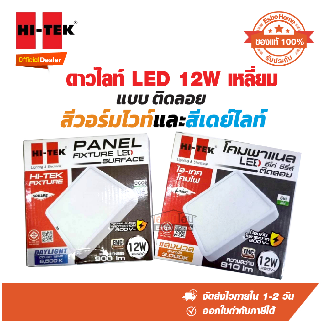 Hi-Tek ไฟ ดาวน์ไลท์ ไฟพาแนล แอลอีดี LED 12W Eco แบบเหลี่ยม สีขาว ชนิดติดลอย แสง เดย์ไลท์ และ สีวอร์มไวท์