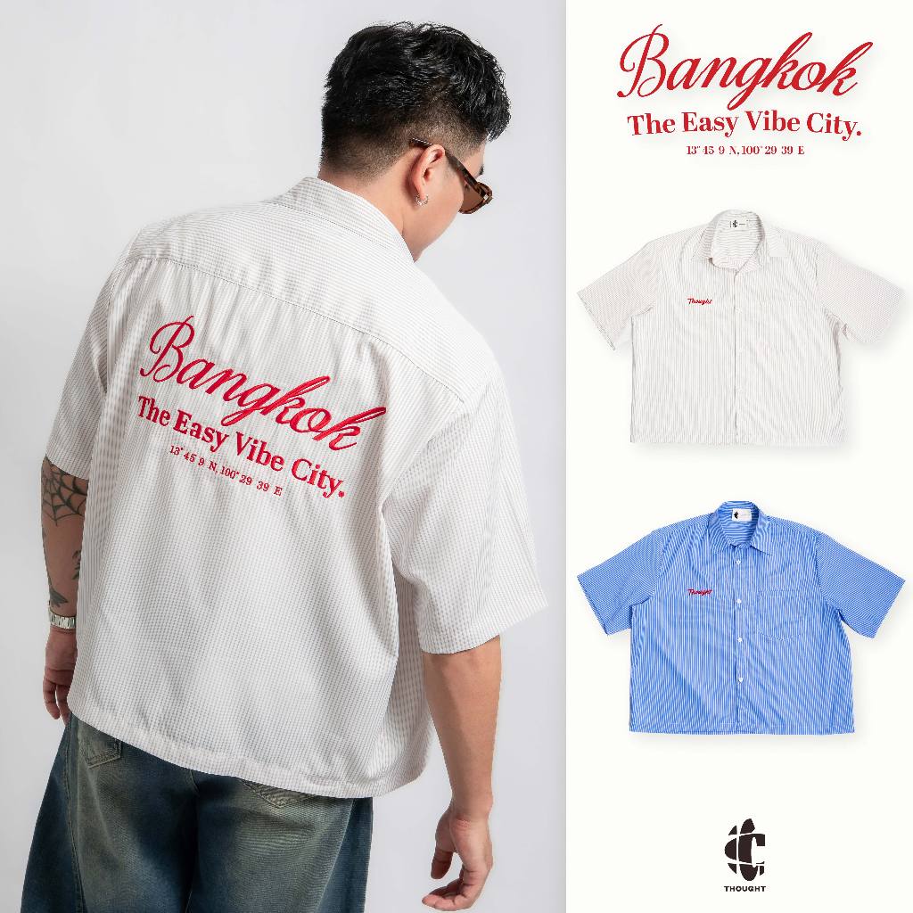 THOUGHT.BKK - Bangkok Boxy Shirt เสื้อเชิ้ตแขนสั้นลายทาง ทรงครอป ปักลายหน้า หลัง