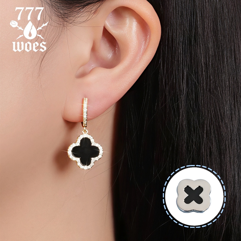 777WOESต่างหูห่วงต่างหูห้อยรูปโคลเวอร์สี่แฉกฝังเพชรCZLVSTYLEแวววาววิบวับหรูหราดูมีระดับ