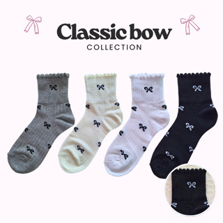 🖤🎀 ถุงเท้าข้อกลางโทนขาวดำมีโบว์ตรงข้อเท้า คอลเลคชั่น 