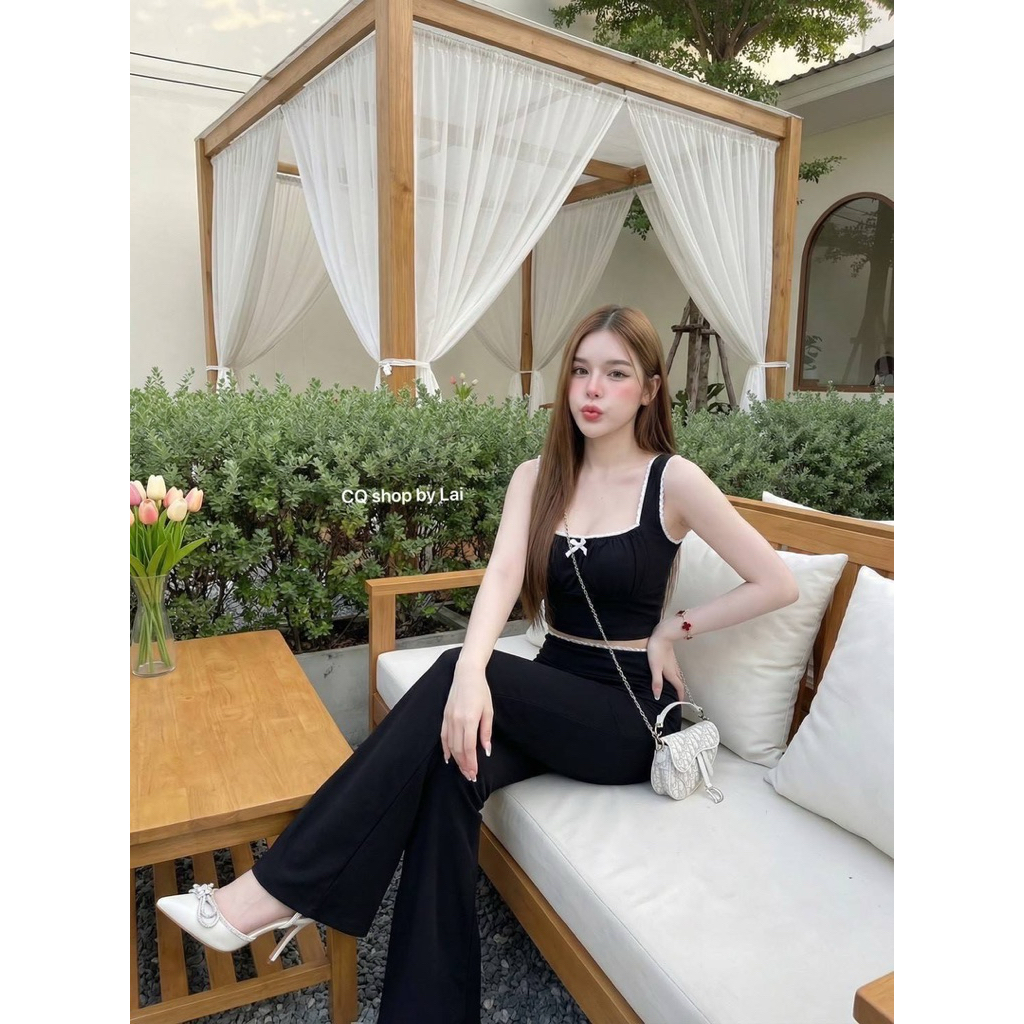 Phapassz – เซท 2 ชิ้น เสื้อกล้ามแต่งขอบลูกไม้ผ้าพื้น ดีเทลโบว์ พร้อมกางเกงขาม้า ทรงฮิต #Ontop ราคา ถูกที่สุด ดีลบีเคเค แกลเลอรีภาพที่ 8