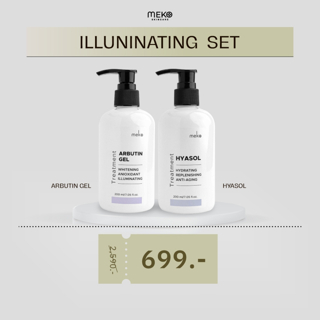 [meko skincare] เซตคู่ สูตรกระจ่างใส ลดจุดด่างดำ Arbutin 200 ml+ Hyasol 200 ml