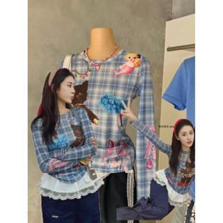 [WG.WE]เสื้อยืดแขนยาวลายสก็อตสีฟ้าลายการ์ตูน