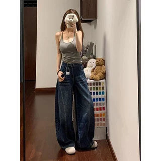 919JEANS กางเกงยีนส์ทรงหลวมโค้งมนสไตล์อเมริกันแบบยูนิเซ็กส์ ทันสมัย สีดำเข้ม สีน้ำเงินเข้ม