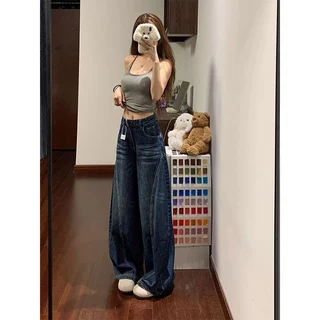 919JEANS กางเกงยีนส์ทรงหลวมโค้งมนสไตล์อเมริกันแบบยูนิเซ็กส์ ทันสมัย สีดำเข้ม สีน้ำเงินเข้ม