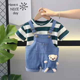 BEAR BABY ชุดเอี๊ยมยีนส์เด็กแฟชั่น ชุดเซตเอี๊ยมยีนส์เด็ก ลายแถบทาง แขนสั้น ตุ๊กตาหมี สำหรับเด็กเล็ก ไซส์80-110