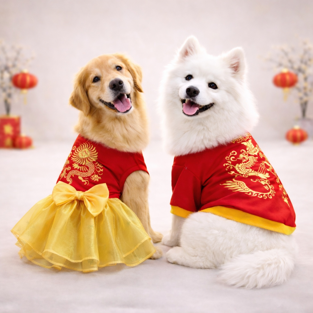 BIG DOG ชุดจีนหมาใหญ่ เสื้อและกระโปรงตรุษจีน  มีผ้าไหมมังกร ผ้าเฟอร์นุ่ม รองรับอก 38 นิ้ว พร้อมส่ง - รูปที่ 6