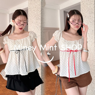 miniminey🎀เสื้อคอเหลี่ยมลายจุด แต่งฉลุริบบิ้น สม็อคหลัง