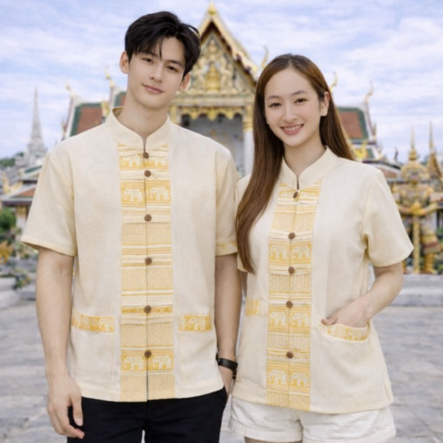 เสื้อคู่/ชายหญิง ช้างสีครีม ผ่าหน้า5กระดุม