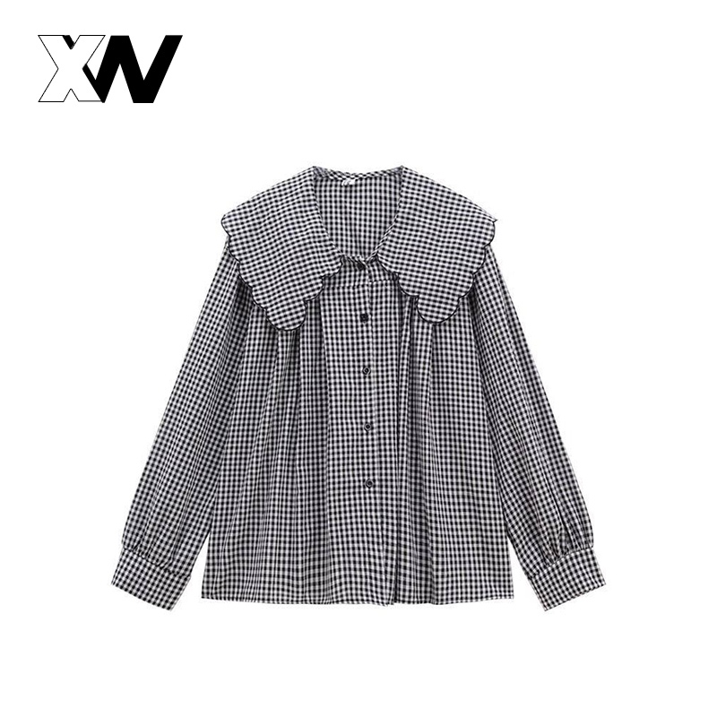 XWbrandเสื้อเชิ้ตแขนยาวผู้หญิงทรงหลวม จัดส่งตรงจากประเทศไทย ลายตารางหมากรุกขาวดำ ดีไซน์ระบาย ช่วยให้ดูผอมเพรียวและสวยงาม