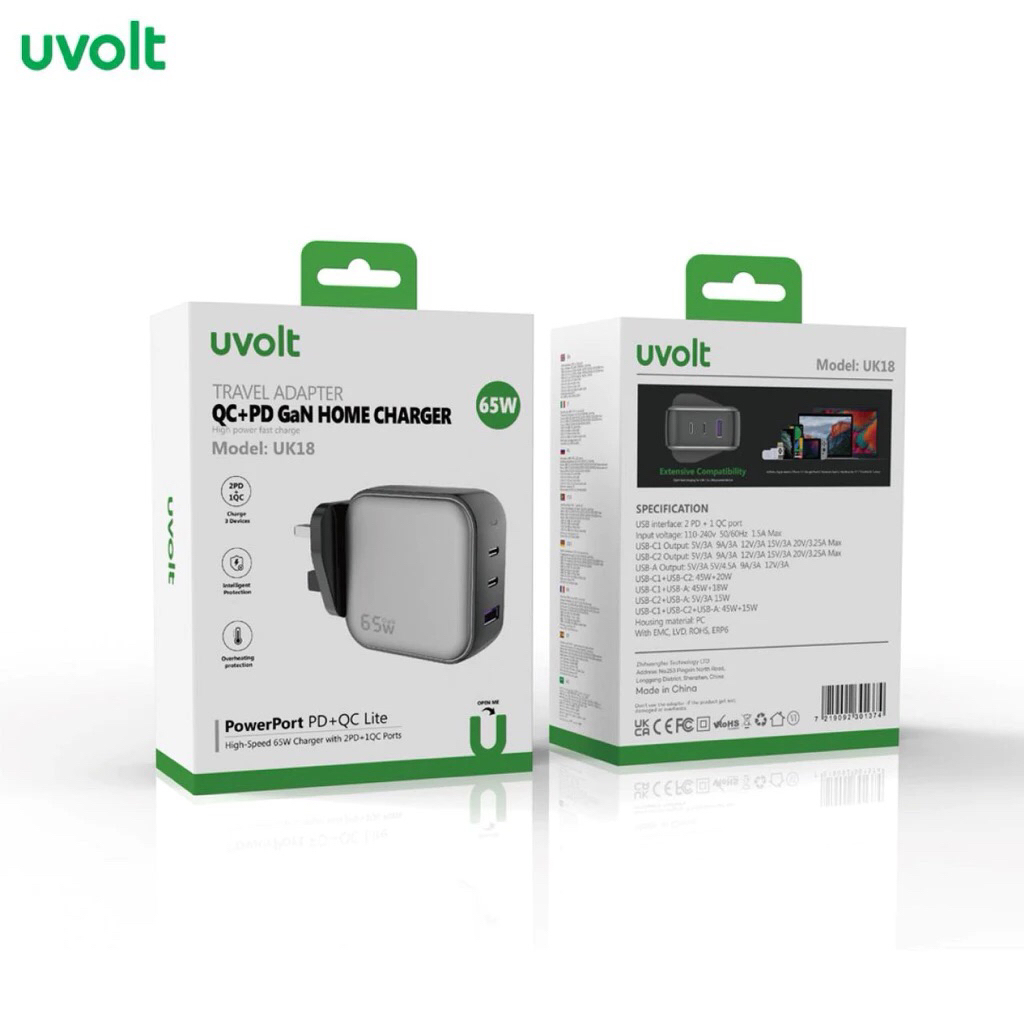 หัวชาร์จ อแดปเตอร์ PD103AC : Uvolt Adaptor PD65W 3 Port [C1/C2/A] Model:PD-103AC ประกัน 6 เดือน